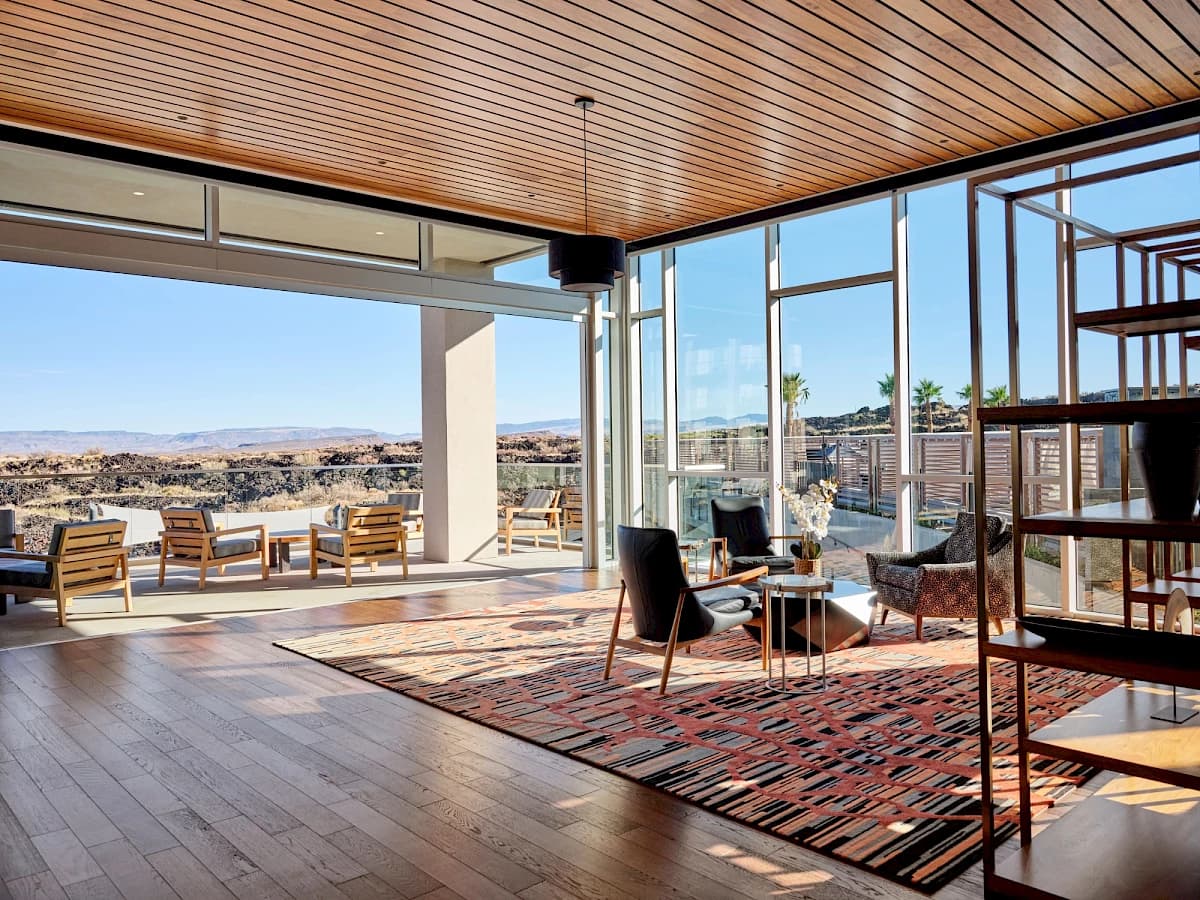 Resort lounge opening onto the lava fields