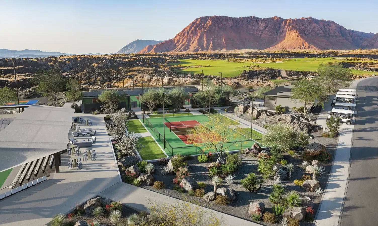 Pickleball court at Black Desert Resort with red mountain behind